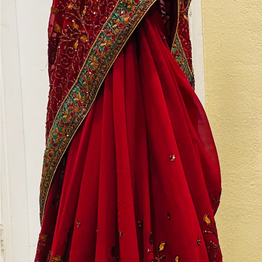 Wedding party ,embroidered with golden work on the Saree,georgette saree